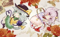  2girls animal_ears black_hairband black_hat blue_shirt bow cat_ears cat_girl cat_tail collared_shirt commentary_request disembodied_linked_eye eyeball floral_background floral_print frilled_shirt_collar frilled_sleeves frills green_eyes green_hair green_skirt hair_ornament hairband hat hat_bow heart heart_hair_ornament heart_of_string ichinose_aki kemonomimi_mode komeiji_koishi komeiji_satori long_sleeves looking_at_viewer multiple_girls pink_eyes pink_hair pink_skirt pink_socks print_skirt red_slippers ribbon-trimmed_collar ribbon_trim rose_print shirt skirt slippers socks tail tail_bow tail_ornament touhou twitter_username wide_sleeves yellow_bow yellow_shirt 