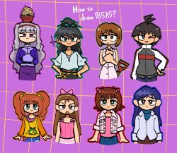  6+girls amami_haruka antenna_hair arms_behind_back black_hair blue_eyes blue_hair bow brown_eyes brown_hair closed_mouth dress earrings fis_(t83192933) food food_on_head ganaha_hibiki green_eyes grey_hair grid_background hagiwara_yukiho hair_bow hairband high_ponytail highres hoop_earrings idolmaster idolmaster_(classic) idolmaster_1 jacket jewelry kikuchi_makoto kisaragi_chihaya long_hair long_sleeves looking_at_viewer minase_iori multiple_girls multiple_hair_bows necklace nervous_sweating object_on_head one_eye_closed open_mouth orange_hair orange_sleeves pink_bow pink_hairband pink_tank_top ponytail purple_background raised_inner_eyebrows red_hairband shijou_takane shirt short_hair shovel smile striped_tank_top sweat takatsuki_yayoi tank_top twintails v-shaped_eyebrows violet_eyes white_dress white_jacket white_shirt yellow_shirt 