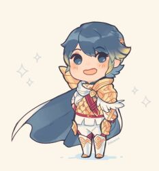  1boy :d alfonse_(fire_emblem) armor blonde_hair blue_eyes blue_hair boots cape chibi chibi_only doromaya fire_emblem fire_emblem_heroes floating_cape gold_armor gold_trim gradient_hair male_focus multicolored_hair open_mouth pants scale_armor short_hair simple_background smile solo sparkle white_background white_boots white_cape white_pants 