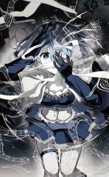  1girl absurdres ben-day_dots black_background blue_gloves blue_hair blue_skirt bodice cape chinese_commentary commentary_request cowboy_shot frills geezhii gloves hair_ornament hand_on_own_face hand_on_own_head highres limited_palette looking_at_viewer mahou_shoujo_madoka_magica mahou_shoujo_madoka_magica_(anime) miki_sayaka miki_sayaka_(magical_girl) musical_note musical_note_hair_ornament musical_staff open_mouth screentones short_hair signature skirt solo standing thigh-highs white_cape white_thighhighs 