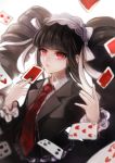  1girl black_hair bonnet bow card celestia_ludenberck chiko_(d04099) dangan_ronpa dangan_ronpa_1 drill_hair gothic_lolita lolita_fashion long_hair long_sleeves nail_polish necktie playing_card red_eyes solo twin_drills 