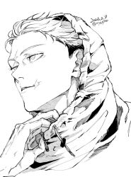  1boy closed_mouth commentary dated greyscale highres hood hood_up hooded_jacket itadori_yuji jacket jujutsu_kaisen jujutsu_kaisen_modulo male_focus monochrome scar scar_on_face scar_on_forehead scar_on_mouth short_hair sideburns simple_background solo tiyu0710 twitter_username undershirt untranslatable_commentary white_background 