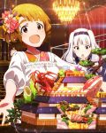  2girls apron blush brown_eyes brown_hair chandelier food hairband happy idolmaster idolmaster_million_live! long_hair miyao_miya multiple_girls official_art open_mouth pink_eyes shijou_takane shrimp temple thick_eyebrows white_hair 