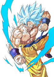  1boy abs aura battle_damage blood blood_on_chest blood_on_face blood_on_stomach blue_boots blue_eyes blue_hair boots clenched_hands cuts dougi dragon_ball dragon_ball_super full_body highres injury looking_at_viewer male_focus muscular muscular_male naouuma_art open_mouth orange_pants pants pectorals saiyan serious solo son_goku spiky_hair super_saiyan super_saiyan_blue teeth topless_male toriyama_akira_(style) white_background wristband 