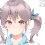 1girl aoi_sora_(pairan) blush brown_eyes brown_hair face gym_uniform hair_ornament hairclip looking_at_viewer original pairan portrait short_hair simple_background smile solo twintails white_background 