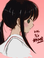  1girl artist_name black_eyes black_hair commentary_request fubuki_(kancolle) fubuki_kai_san_(kancolle) fubuki_kai_san_go_(type_6)_(kancolle) highres kantai_collection long_hair looking_at_viewer low_ponytail one-hour_drawing_challenge pink_background ponytail profile sailor_collar sailor_shirt school_uniform serafuku shirt shizuwa_akira sidelocks solo upper_body white_sailor_collar white_shirt 