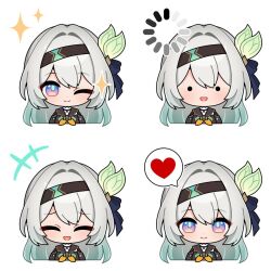  1girl blue_ribbon brown_hairband firefly_(honkai:_star_rail) gradient_eyes gradient_hair green_pupils grey_hair hair_between_eyes hair_intakes hair_ornament hair_ribbon hairband honkai:_star_rail honkai_(series) loading_icon long_hair makinomaki108 multicolored_eyes multicolored_hair neckerchief one_eye_closed orange_neckerchief ribbon solo sparkle 