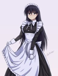  1girl absurdres apron artist_name azumanga_daioh black_dress black_eyes black_hair commentary dress english_commentary expressionless frilled_headwear gloves hairband highres holding holding_tray loberbutcher long_hair maid maid_apron maid_headdress sakaki_(azumanga_daioh) simple_background solo tray white_apron white_background white_gloves white_hairband 