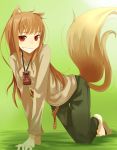  1girl absurdres animal_ears artist_request barefoot blush brown_hair highres holo long_hair looking_at_viewer red_eyes smile spice_and_wolf tail wolf_ears wolf_tail 