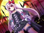  1girl bare_shoulders choker demon_girl demon_horns demon_wings detached_sleeves detached_wings dutch_angle fang frilled_skirt frills gothic_lolita hairband horns lolita_fashion long_hair mirisha original pointy_ears purple_hair skirt smile violet_eyes wings 