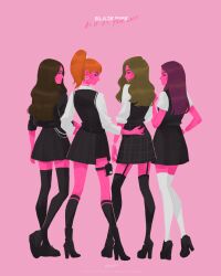  4girls absurdres black_thighhighs blackpink bracelet brown_hair colored_skin commentary_request earrings full_body garter_straps group_name high_heels highres hoop_earrings jennie_(blackpink) jewelry jisoo_(blackpink) lisa_(blackpink) long_hair looking_back mint_mutchi mixed-language_commentary multiple_girls orange_hair pink_background pink_skin ponytail pouch purple_hair rose_(blackpink) skirt socks song_name thai_commentary thigh-highs thigh_pouch white_thighhighs 