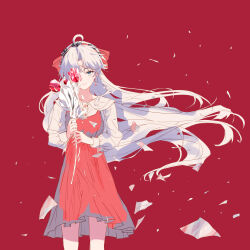 1girl ahoge alternate_costume aqua_eyes bow buttons carlotta_(wuthering_waves) closed_mouth collarbone commentary crystal_flower dekrjan dress earrings english_commentary feet_out_of_frame floating_hair flower glass_shards hair_bow hairband highres holding holding_flower jewelry long_hair long_sleeves looking_at_viewer medium_dress parted_bangs red_background red_dress red_hairband shirt smile solo standing striped_bow teardrop_earrings white_hair white_shirt wuthering_waves 