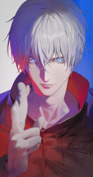  1boy absurdres black_jacket blue_background blue_eyes commentary crossed_fingers film_grain glowing glowing_eyes gojo_satoru grey_background grey_hair high_collar highres jacket jujutsu_kaisen looking_at_viewer male_focus modare smile solo upper_body 