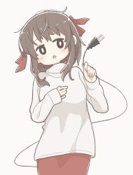  1girl bow brown_hair commentary_request east_sha2 electric_plug electric_plug_tail hair_bow hand_on_own_chest highres hirokawa_takemi holding_own_tail jikkyou_powerful_pro_yakyuu open_mouth power_pro-kun_pocket power_pro-kun_pocket_9 red_bow red_skirt short_hair skirt solo sweater tail white_background white_sweater 