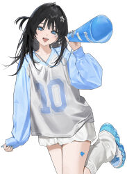  1girl absurdres black_hair blue_eyes blue_nails commentary_request facial_mark hair_ornament heart highres holding holding_megaphone leg_up long_hair long_sleeves looking_at_viewer loose_socks mashiro_kta megaphone nail_polish one_side_up open_mouth original shirt shoes shorts sleeves_past_wrists smile sneakers socks solo sparkle standing standing_on_one_leg star_(symbol) star_facial_mark star_hair_ornament teeth textless_version upper_teeth_only white_background white_shirt white_shorts white_socks 