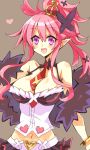  1girl :d bare_shoulders breasts brown_background cleavage crown disgaea fang heart hinano large_breasts long_hair looking_at_viewer makai_senki_disgaea_5 navel necktie open_mouth pink_hair pointy_ears ponytail seraphina_(disgaea) simple_background smile solo violet_eyes 