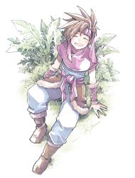  1boy baggy_pants bird blue_pants blue_shirt boots brown_boots brown_eyes brown_hair capelet closed_eyes closed_mouth dove falling_feathers feathers flock fur-trimmed_boots fur-trimmed_wrist_cuffs fur_trim grass headband looking_at_viewer male_focus michibata_65 outdoors pants pink_headband randi_(seiken_densetsu_2) red_capelet seiken_densetsu seiken_densetsu_2 shirt short_hair sitting sleeveless sleeveless_shirt smile solo spiky_hair white_background 