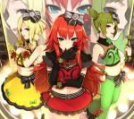  3girls blonde_hair blue_eyes bow double_bun elbow_gloves flower gloves green_eyes green_hair hair_bow hands_on_own_chest hitoto long_hair looking_at_viewer midriff morizono_wakana multiple_girls navel open_mouth pretty_rhythm pretty_rhythm_rainbow_live redhead renjouji_beru rose short_hair skirt smile takanashi_otoha violet_eyes 