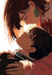  1boy 1girl ayase_momo black_choker black_hair black_jacket blush bow bowtie brown_eyes brown_hair choker couple dandadan earrings from_side gakuran glasses hair_behind_ear hetero highres jacket jewelry kami_high_school_uniform looking_at_another looking_down looking_up loose_bowtie medium_hair nandemo_unknown parted_lips pink_sweater profile red_bow red_bowtie round_eyewear school_uniform shirt short_hair sweater takakura_ken_(dandadan) twitter_username upper_body white_shirt wing_collar 