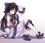  1girl bad_id black_hair bow cosplay fingerless_gloves full_body gloves hair_bow hairband hyouka kouchi_ayako long_hair matsuryuu murasaki_nakoruru nakoruru nakoruru_(cosplay) samurai_spirits smile snk solo 