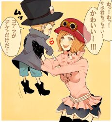  1boy 1girl aged_down black_boots black_hat blonde_hair blue_eyes blush boots carrying carrying_person commentary_request frilled_shirt frills goggles goggles_on_headwear hat koala_(one_piece) komomo1214 one_piece pink_shirt red_hat sabo_(one_piece) shirt skirt smile speech_bubble translation_request yellow_background 