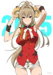  1girl 2015 alternate_legwear amagi_brilliant_park antenna_hair armpits blush breasts brown_hair cowboy_shot hair_intakes horns long_hair looking_at_viewer ponytail sento_isuzu sheep_horns shorts sleeveless solo suna very_long_hair wrist_cuffs yellow_eyes 