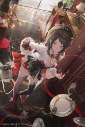  1girl bad_source bang_dream! bang_dream!_it's_mygo!!!!! beret black_hair black_hat black_thighhighs blue_eyes chinese_commentary christmas closed_mouth commentary_request copyright_notice desk_lamp douya_(233) eye_mask frilled_sleeves frills from_above hand_on_own_hip hat highres indoors lamp long_sleeves looking_at_viewer mask masquerade_mask medium_hair official_alternate_costume official_art plant plate potted_plant red_ribbon red_thighhighs reflective_floor ribbon second-party_source shirt solo standing table thigh-highs unworn_mask white_shirt yahata_umiri 