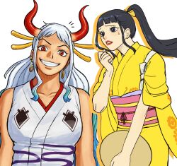  1boy 1girl bare_shoulders black_hair blue_hair blunt_bangs colereeyn collarbone commentary cowboy_shot earrings english_commentary grin hair_ornament high_ponytail highres holding horns japanese_clothes jewelry kikunojo_(one_piece) kimono long_hair looking_at_viewer multicolored_hair notice_lines obi one_piece parted_lips pink_sash ponytail red_eyes red_lips sash sidelocks sleeveless sleeveless_kimono smile two-tone_hair upper_body white_background white_hair white_kimono yamato_(one_piece) yellow_kimono 