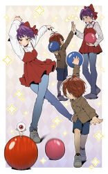  1girl 2boys absurdres argyle_background arm_up arms_up ball black_eyes blue_pants blue_shorts border bow bowling bowling_ball brown_hair brown_jacket choker closed_mouth collared_jacket collared_shirt commentary_request crossed_legs dress fang frilled_dress frills gegege_no_kitarou hair_bow hair_over_one_eye hand_up high_five highres holding holding_ball imminent_throw jacket kitarou looking_at_viewer medama_oyaji mini_person miniboy motion_lines multiple_boys multiple_views nekomusume nekomusume_(gegege_no_kitarou_6) notice_lines one-eyed one_eye_covered outside_border pants pants_under_dress parted_lips pinafore_dress playing_sports purple_hair red_bow red_choker red_dress red_eyes shirt shoes short_dress short_hair shorts silanduqiaocui sleeveless sleeveless_dress smile sneakers sparkle standing throwing v-shaped_eyebrows watson_cross white_border white_shirt white_shoes yellow_eyes 