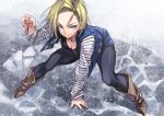  1girl android_18 black_legwear blonde_hair blue_eyes boots breasts cleavage dragon_ball dragon_ball_z earrings jacket jewelry looking_at_viewer matsuryuu pantyhose short_hair smile solo 