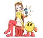  084_pro 1boy 1girl blush boots brown_eyes brown_hair elbow_gloves fire_hydrant gloves hairband idolmaster key long_hair looking_at_viewer midriff minase_iori namco navel orange_gloves pac-man pac-man_(game) pac-man_eyes ribbon-trimmed_hairband size_difference skirt sleeveless smile super_smash_bros. thigh-highs thigh_boots 