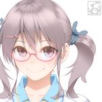  1girl aoi_sora_(pairan) blush brown_eyes brown_hair face glasses gym_uniform hair_ornament hairclip looking_at_viewer original pairan pink-framed_glasses portrait semi-rimless_glasses short_hair simple_background smile solo twintails under-rim_glasses white_background 