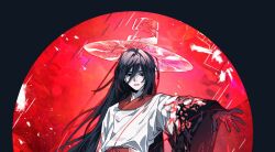  1boy black_eyes black_hair commentary_request e.g.o_(project_moon) gat_(hat) great_trichiliocosm_(e.g.o) hanbok hand_up hat korean_clothes korean_commentary limbus_company long_hair long_sleeves looking_at_viewer male_focus mangsug12_40 open_mouth project_moon see-through_hat solo very_long_hair white_hanbok white_hat wide_sleeves yi_sang_(project_moon) 