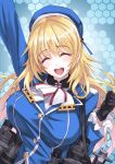  1girl :d ^_^ arm_up atago_(kantai_collection) bad_id black_gloves blonde_hair blush breasts closed_eyes gloves hat highres kantai_collection large_breasts long_hair matsuryuu military military_uniform open_mouth smile solo uniform 