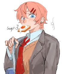  1boy bag blue_eyes blush bread bread_slice brown_hair character_name doki_doki_literature_club doki_doki_literature_club_school_uniform ear_piercing food food_in_mouth fried_egg fried_egg_on_toast from_below genderswap genderswap_(ftm) grey_suit hair_between_eyes hair_ornament hairclip high_collar highres lapels long_sleeves looking_at_viewer looking_down mangopp mars_symbol mouth_hold necktie nose nose_blush orange_vest parallel_hairclips piercing red_necktie sayori_(doki_doki_literature_club) school_uniform shirt short_hair shoulder_bag simple_background solo suit toast toast_in_mouth vest white_background white_shirt 