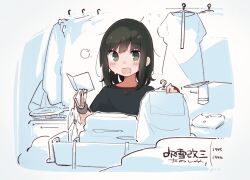  1girl alternate_costume alternate_hairstyle black_hair black_shirt breasts commentary_request fubuki_(kancolle) green_eyes greeting_card hair_down highres kantai_collection looking_at_viewer ma_rukan medium_breasts messy_hair open_mouth sailor_collar sailor_shirt shirt solo translation_request unworn_clothes upper_body 