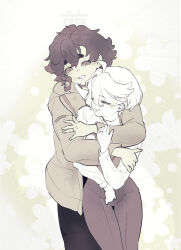  2girls 5kawa8gi blush collared_shirt commentary_request greyscale grin gundam gundam_suisei_no_majo highres hug hug_from_behind jacket jewelry long_hair miorine_rembran monochrome multiple_girls pants ring shirt short_hair smile suletta_mercury thick_eyebrows wedding_ring wife_and_wife yuri 
