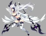 1girl absol black_hair breasts cleavage dual_wielding hair_over_one_eye long_hair merlusa multicolored_hair personification pokemon red_eyes scar solo staff thigh-highs two-tone_hair white_hair 