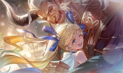  1boy 1girl ^_^ antenna_hair bare_shoulders blonde_hair closed_eyes commentary_request draph earrings fingerless_gloves gloves granblue_fantasy hair_ribbon horns hug io_(granblue_fantasy) jewelry long_hair official_art one_eye_closed open_mouth ribbon smile teacher_and_student tears twintails tzaka_(granblue_fantasy) white_hair 