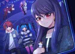  3girls 4boys :d ^_^ ahoge amemiya_darumi aotsuki_eito birthday black_bow black_gloves black_hair black_hairband black_pants black_roots black_sailor_collar black_shoes black_skirt black_streaks blue_eyes blue_hair bow calico_(pattern) calico_cat cat choker closed_eyes commentary eyeshadow facial_mark floating gakuran gift glasses gloves grey_hair grey_jacket hair_bow hair_bun hairband hand_in_pocket heart heart_facial_mark highres holding holding_figure holding_gift holding_party_popper hood hoodie jacket jacket_over_hoodie long_hair makeup multicolored_hair multiple_boys multiple_girls open_clothes open_jacket pants pantyhose party_popper pink_eyes pink_hair pink_thighhighs purple_hair red_choker red_eyeshadow red_hair red_jacket red_pants red_serafuku red_skirt roots_(hair) runny_makeup safety_pin sailor_collar school_uniform serafuku shizuhara_hiruko shoes short_hair skirt smile streaked_hair striped_clothes sumino_takumi the_hundred_line_-last_defense_academy- thigh-highs tokiame_sigure tsukumo_ima tsukumo_kako twintails two-tone_hair white_hoodie white_jacket white_pants white_pantyhose 