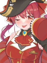  1girl bicorne black_coat black_hat closed_mouth coat commentary_request cropped_jacket hat highres hololive houshou_marine houshou_marine_(1st_costume) jacket leotard leotard_under_clothes long_hair looking_at_viewer monato_(monato2033) one_eye_closed pirate_hat red_eyes red_hair red_jacket sleeveless sleeveless_jacket sleeves_past_fingers sleeves_past_wrists solo tongue tongue_out twintails virtual_youtuber 