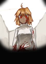  1girl 2024 absurdres antenna_hair arcueid_brunestud blonde_hair blood blood_on_clothes blood_on_face from_below hair_intakes highres looking_at_viewer looking_down meirono_miyage pov red_eyes short_hair sidelocks slit_pupils solo standing staring sweater tsukihime turtleneck turtleneck_sweater upper_body white_sweater 