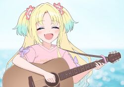  1girl :d ^_^ acoustic_guitar blonde_hair blue_background blue_hair blurry blurry_background blush capo_(guitar) closed_eyes commentary_request curtained_hair echoes_beyond_(love_live!) facing_viewer fang flower gradient_hair guitar hair_flower hair_ornament highres hisaka holding holding_guitar holding_instrument instrument long_hair love_live! love_live!_hasu_no_sora_jogakuin_school_idol_club multicolored_hair open_mouth osawa_rurino parted_bangs pink_flower sidelocks skin_fang smile solo twintails upper_body virtual_youtuber 