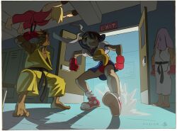  1girl 3boys artist_name barefoot blue_sailor_collar brown_hair commentary dark-skinned_male dark_skin dreadlocks english_commentary exit_sign fingerless_gloves gloves headband highres kasugano_sakura ken_masters martial_arts_belt multiple_boys muscular muscular_male neckerchief ryu_(street_fighter) sailor_collar school_uniform sean_matsuda serafuku short_hair street_fighter tjfuzion white_headband yellow_neckerchief 