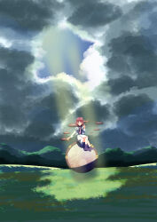  1girl absurdres black_shirt blush boots closed_eyes closed_mouth clouds cloudy_sky collared_shirt commentary_request drum drumgrass drumsticks gasubanana highres hill holding holding_drumsticks horikawa_raiko instrument jacket light_rays long_sleeves medium_hair necktie no_print open_clothes open_jacket partial_commentary purple_boots purple_necktie red_hair shirt sitting skirt sky smile solo sunbeam sunlight touhou white_jacket white_skirt 