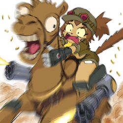  1girl animal animal_ears baseball_cap black_gloves boots brown_hair brown_jacket brown_shorts camel cat_girl cat_tail constricted_pupils crop_top ears_through_headwear eyewear_on_headwear facial_mark fangs fingerless_gloves firing furry furry_female gameoverse gatling_gun gloves goggles green_jacket gun hat highres jacket kit_bodega mechanical_arms metal_slug midriff missile motion_blur muzzle_flash non-humanoid_robot one_eye_closed open_clothes open_jacket open_mouth ponytail riding robot robot_animal rocknrm shell_casing shirt short_shorts shorts simple_background smoke tail weapon whisker_markings whiskers white_background wide-eyed yellow_shirt 