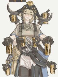  1girl animal_ears arknights beer_can benelli_fahh black_pantyhose blonde_hair blue_jacket breasts brown_gloves brown_shirt can clothes_around_waist commentary cow_ears cow_girl cow_horns drink_can drunk english_commentary extra_arms flower flower_on_head gloves highres holding holding_can horns jacket jacket_around_waist knife_sheath long_hair pallas_(a_drip_of_orea_and_potamous)_(arknights) pallas_(arknights) pantyhose sheath shirt small_breasts solo veil white_background yellow_eyes 