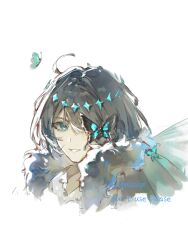  1boy ahoge backlighting black_cape black_hair blue_butterfly blue_eyes bug bun_(tsmd123456) butterfly butterfly_wings cape commission crown fate/grand_order fate_(series) fur-trimmed_cape fur_trim hair_between_eyes highres insect_wings looking_at_viewer male_focus oberon_(fate) oberon_(third_ascension)_(fate) one_eye_covered shirt short_hair simple_background smile solo teeth white_background white_shirt wings 