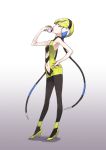  1girl bad_id black_legwear blonde_hair blue_eyes cable full_body headphones highres holding holding_poke_ball kamitsure_(pokemon) matsuryuu navel navel_cutout pantyhose poke_ball pokemon pokemon_(game) pokemon_bw short_hair solo 