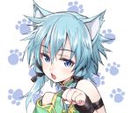  1girl animal_ears aqua_eyes aqua_hair bad_id cat_ears chestnut_mouth matsuryuu open_mouth paw_pose paw_print shinon_(sao) shinon_(sao-alo) solo sword_art_online 